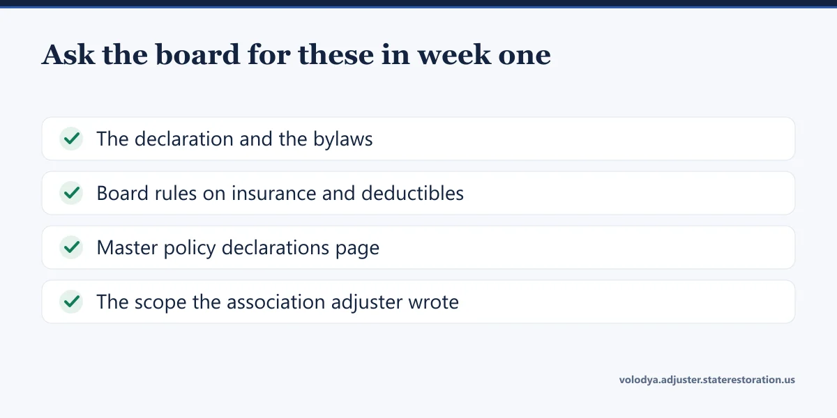 Checklist of what to ask the condo board for in week one: the declaration and bylaws, board rules on insurance and deductibles, the master policy declarations page, and the association adjuster's scope