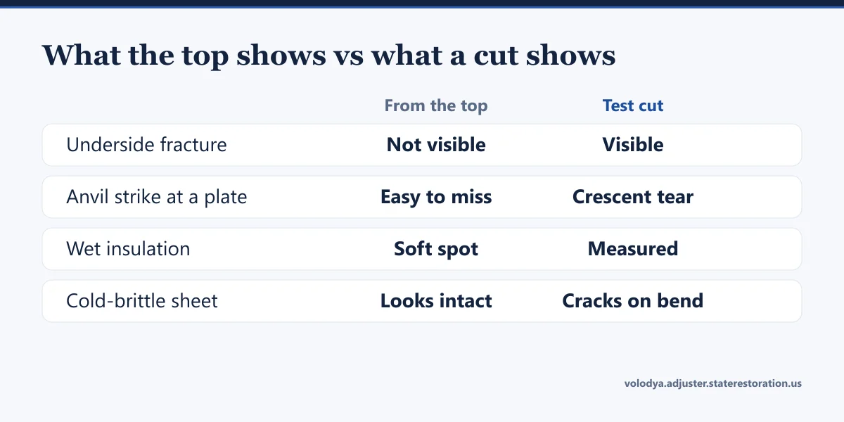 Comparison of what a walk across the top of a flat roof shows against what a test cut shows, for four kinds of hail damage