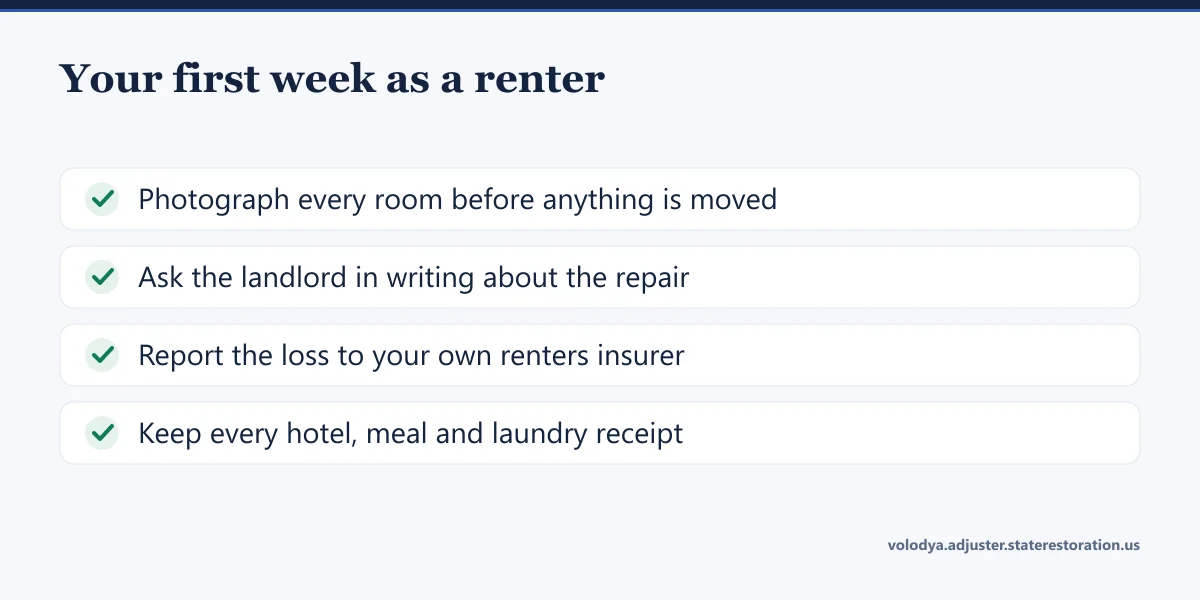 Checklist for a renter's first week: photograph every room, ask the landlord in writing about the repair, report the loss to your renters insurer, keep every receipt