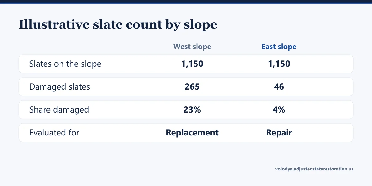 Illustrative slope count: west slope 265 of 1,150 slates damaged, 23 percent; east slope 46 of 1,150, 4 percent