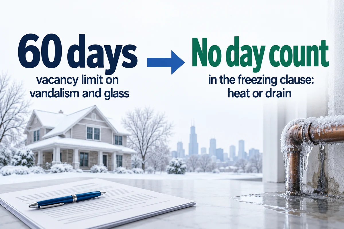 Banner: 60 days is the vacancy limit on vandalism and glass; the freezing clause has no day count and asks whether the heat was kept or the water drained